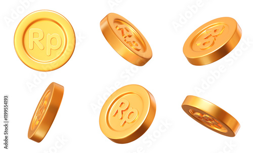 3d set of golden coins of Indonesian Rupiah with different angles. Stock vector illustration on isolated background.