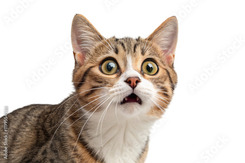 Cute tabby cat looking shocked isolated on white or transparent background looking at camera, portrait of stunned surprised or astonished cute kitten domestic pet