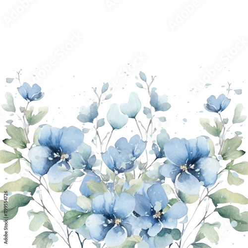 Blue watercolor flowers background, background for design.