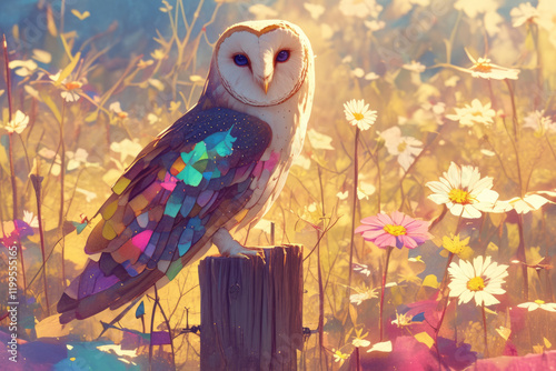 Owl resting peacefully on a wooden fence post amidst a field of blooming wildflowers.