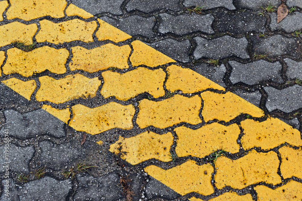 Patterned paving blocks and painted yellow stripe in Teresopolis, Rio de Janeiro, Brazil