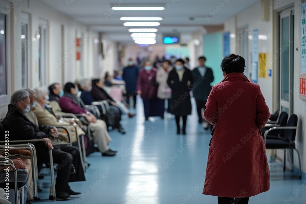 Fototapeta premium Insufficient medical care for the elderly in a crowded hospital corridor