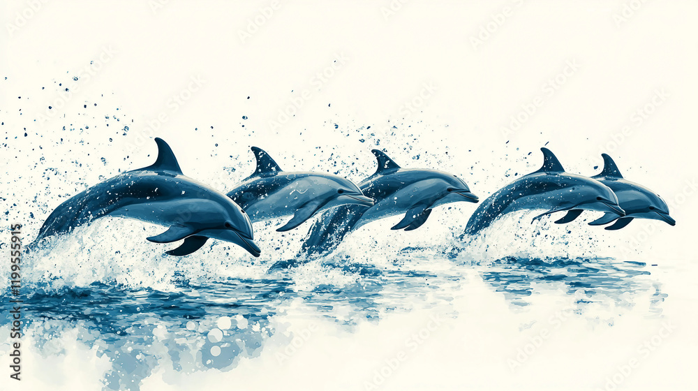 Fototapeta premium A group of dolphins are leaping out of the water