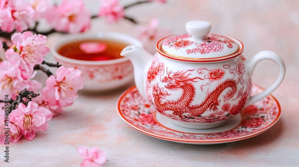 Elegant porcelain teapot adorned with a red dragon and floral designs, accompanied by pink cherry blossoms and a teacup on a soft background. Elegant porcelain teapot adorned with a red dragon and floral designs, accompanied by pink cherry blossoms and a teacup on a soft background.