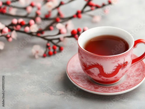 Elegant porcelain teacup adorned with a red dragon design, filled with tea, surrounded by cherry blossoms on a textured surface. photo