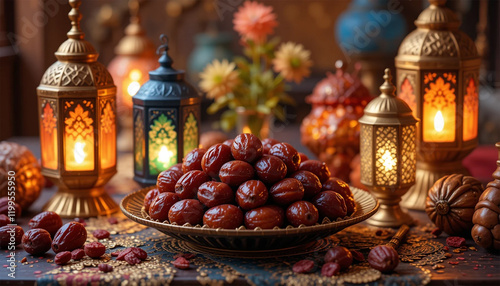 Plate of dates surrounded by glowing lanterns and festive decor, perfect for Ramadan, Iftar, or Islamic celebration designs with a warm and inviting theme. photo