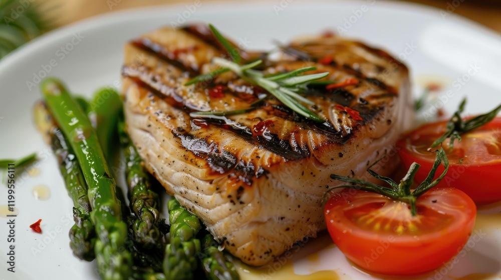 A plate of grilled pork and asparagus, with fresh vegetables on the side A plate of grilled pork and asparagus, with fresh vegetables on the side