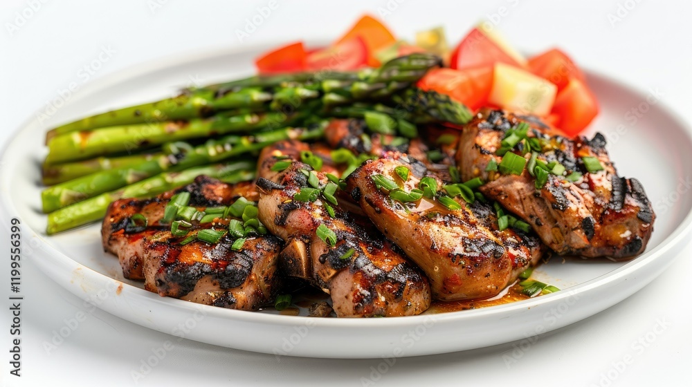 A plate of grilled pork and asparagus, with fresh vegetables on the side A plate of grilled pork and asparagus, with fresh vegetables on the side