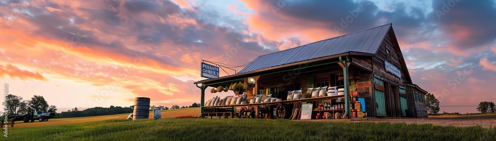 Obraz premium Classic countryside supply store with a hand-painted sign, showcasing old-fashioned farming tools, organic fertilizers, and seed displays under a pastel sky