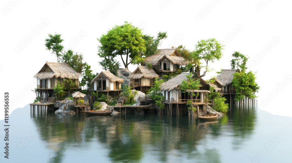 A picturesque cluster of traditional wooden houses surrounded by lush greenery, situated on calm waters, creating a serene landscape. A picturesque cluster of traditional wooden houses surrounded by lush greenery, situated on calm waters, creating a serene landscape.