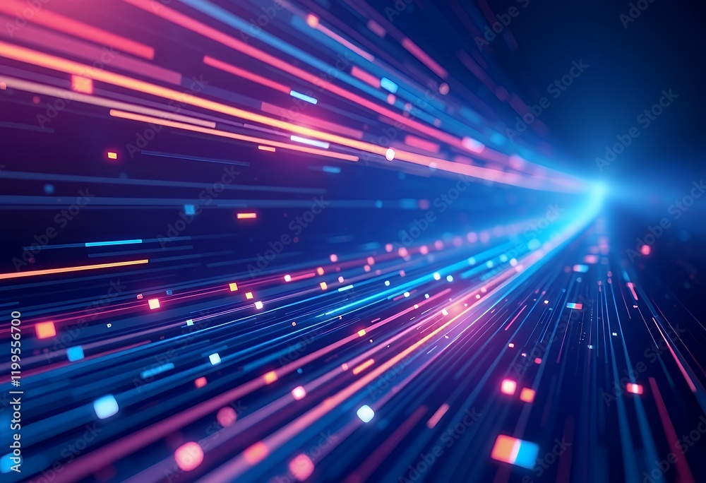 This dynamic image showcases a vibrant, high-speed data stream composed of glowing lines and particles This dynamic image showcases a vibrant, high-speed data stream composed of glowing lines and particles