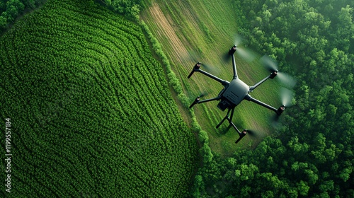 Compact drone planting seeds in a reforestation area, showcasing innovative tools for ecofriendly farming photo