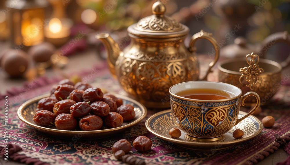 Traditional tray of dates and tea cups on a festive table, symbolizing Ramadan or Iftar with a warm and inviting atmosphere for cultural and culinary themes. Traditional tray of dates and tea cups on a festive table, symbolizing Ramadan or Iftar with a warm and inviting atmosphere for cultural and culinary themes.