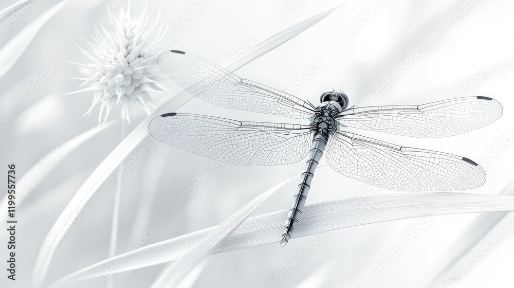 Monochrome dragonfly on white grass and flower. Monochrome dragonfly on white grass and flower.