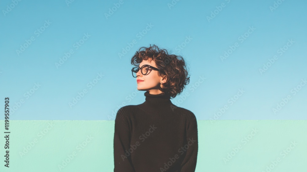 Woman with curly hair and glasses looking up against a blue and green background.