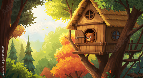 A Baby Bear Looking Out from a Treehouse in the Forest 01