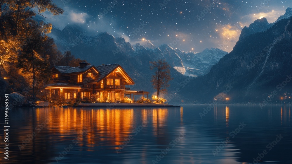 Fototapeta premium Illuminated cabin, serene lake, majestic mountains.