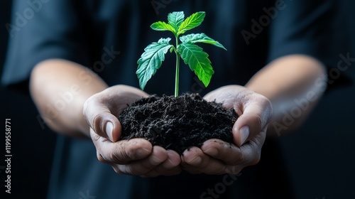 Hands holding a small plant sprouting from fertile soil, farmland investment growth metaphor, sustainabilityfocused visuals photo