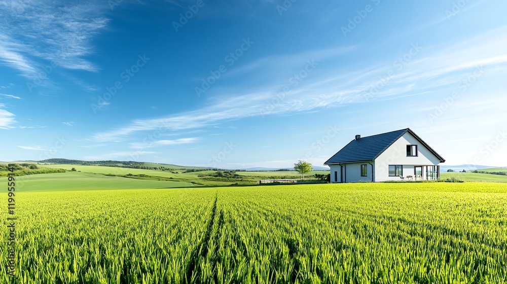 Modern farmhouse surrounded by lush green fields, clear blue sky, symbolizing agricultural wealth and real estate investment potential Modern farmhouse surrounded by lush green fields, clear blue sky, symbolizing agricultural wealth and real estate investment potential