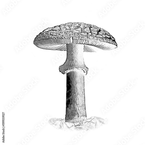 Black and white close-up vector graphics of a yellow death cap mushroom (Amanita citrina) from the Amanita family in its natural habitat, poisonous mushroom