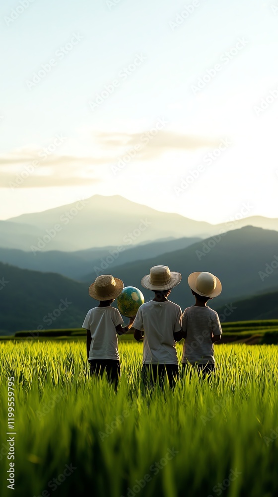 Organic rice farming family standing in their fields holding a globe, symbolizing sustainable global impact Organic rice farming family standing in their fields holding a globe, symbolizing sustainable global impact