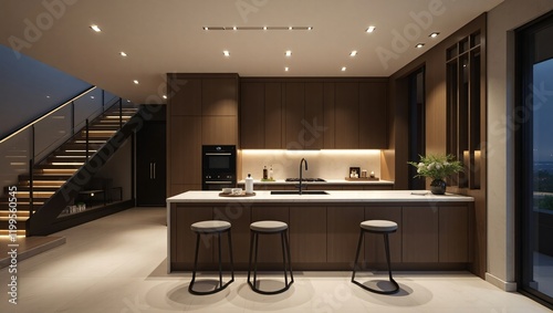 Modern Luxury Kitchen with Sleek Minimalist Design, Dark Wooden Cabinets, Marble Island, and Stylish Staircase