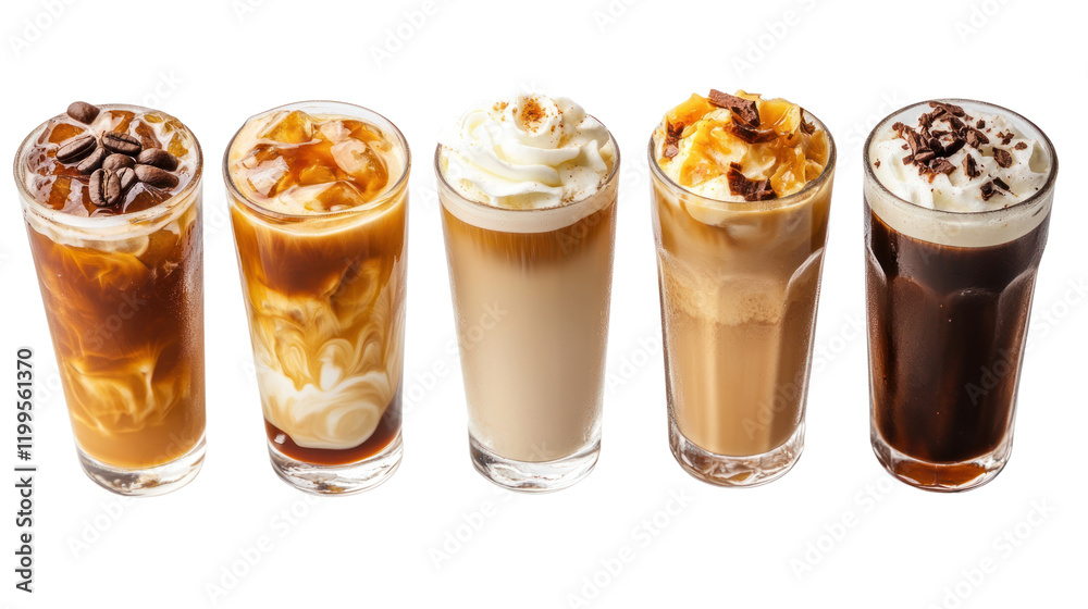 A selection of five delicious iced coffee beverages in glasses, featuring various toppings and flavors against a white isolate background.