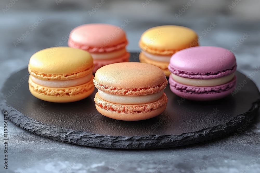 Obraz premium Colorful macarons displayed on a dark slate plate in a stylish setting