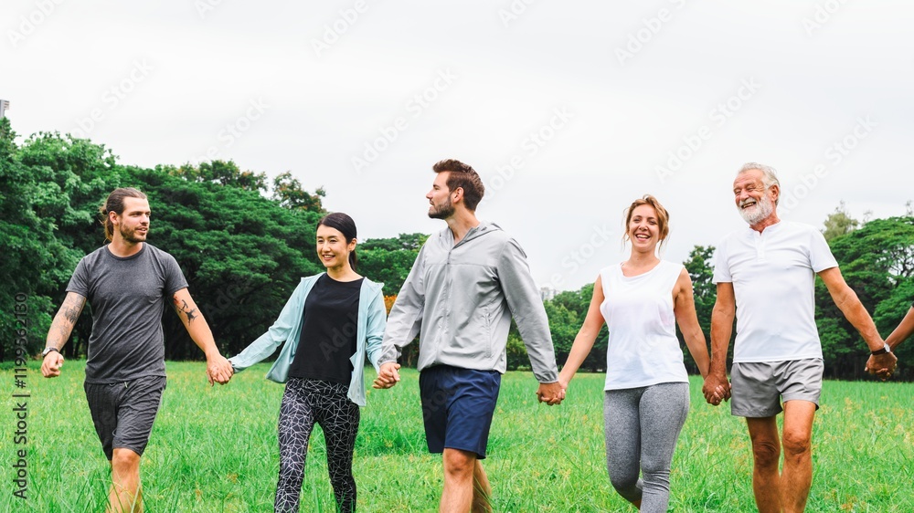 Group of diverse adults walking hand in hand in a park. Smiling, enjoying nature, and bonding. Casual, mixed ethnicities, and genders. Greenery surrounds them. Happy people in community holding hands. Group of diverse adults walking hand in hand in a park. Smiling, enjoying nature, and bonding. Casual, mixed ethnicities, and genders. Greenery surrounds them. Happy people in community holding hands.