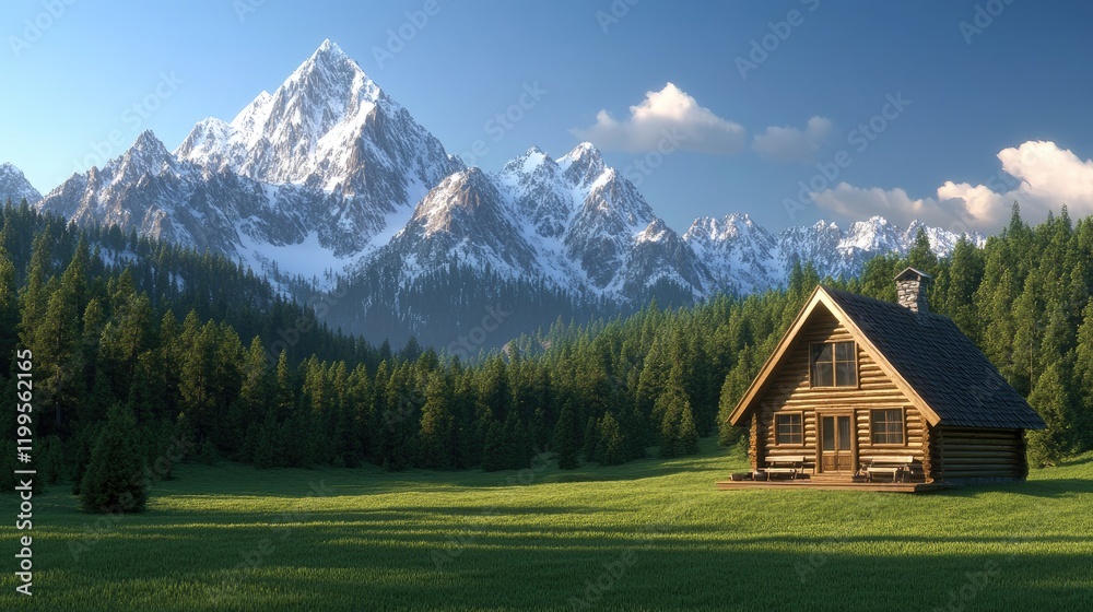 Fototapeta premium Wooden chalet offers outdoor dining in a lush alpine meadow with stunning mountain views and bright blue skies overhead
