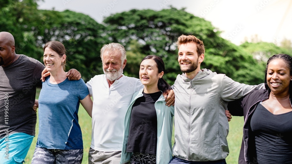 Diverse group of people outdoors, smiling and embracing. Mixed gender and ethnicity, enjoying nature and friendship. Happy, diverse, and united group. Diverse community group, volunteers in nature.