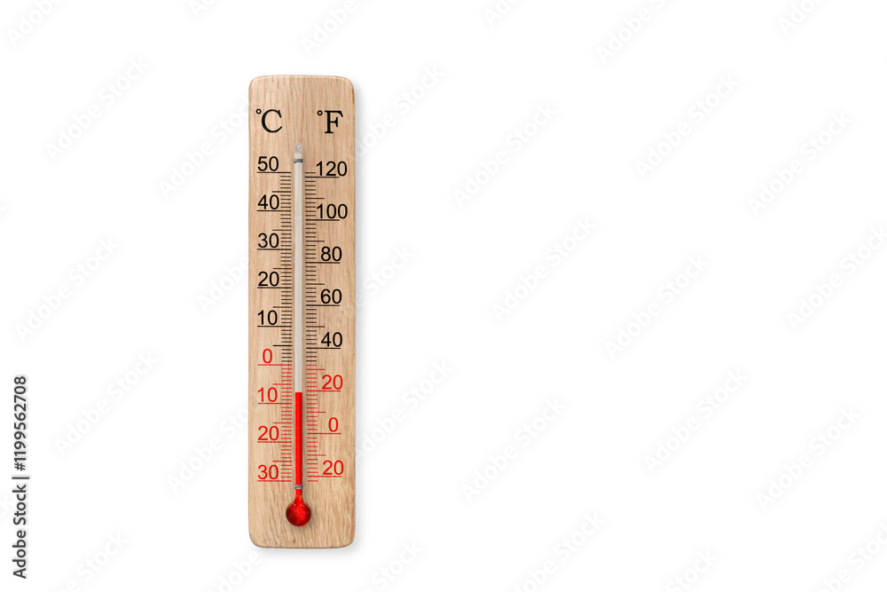 Wooden celsius and fahrenheit scale thermometer isolated on white background. Ambient temperature minus 7 degrees celsius Wooden celsius and fahrenheit scale thermometer isolated on white background. Ambient temperature minus 7 degrees celsius