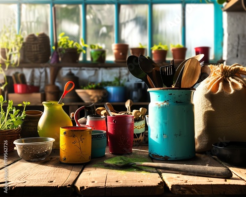 Vintage farming catalog scene showcasing hand-painted garden tools, colorful seed packets, and rustic fertilizer sacks on a sunlit wooden table photo