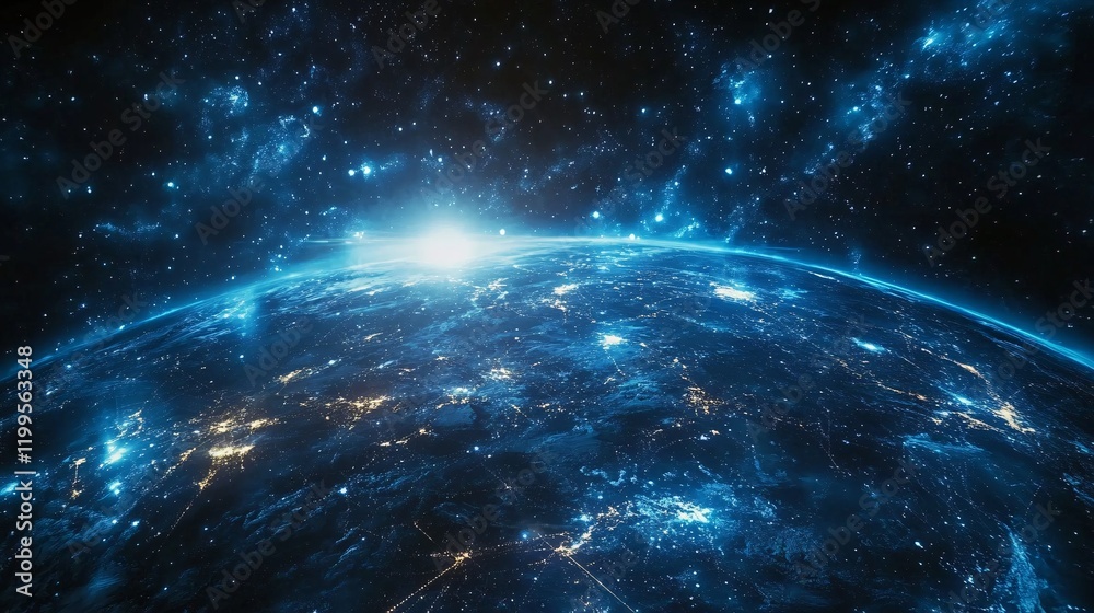 Fototapeta premium Digital blue-glowing global network with light connections around Earth, symbolizing big data exchange and business connectivity on a dark tech backdrop.