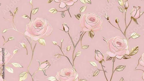 inimalist Floral Pattern with Gold Accents on Pastel Pink