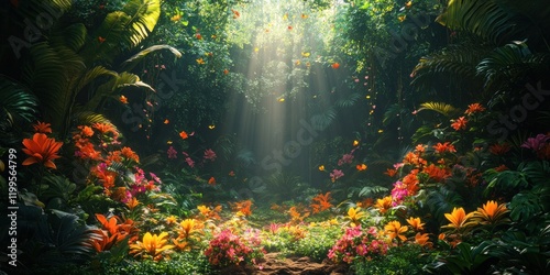 Enchanted Tropical Garden: Sunbeams Dance Through Lush Foliage, Illuminating Vibrant Blooms and Fluttering Butterflies