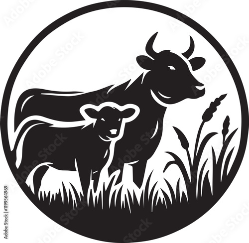 Cattle Angus Cow & Grass silhouette livestock farm logo design