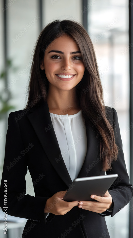 Young businesswoman wearing a stylish suit, holding a tablet and smiling confidently in a modern office environment Young businesswoman wearing a stylish suit, holding a tablet and smiling confidently in a modern office environment