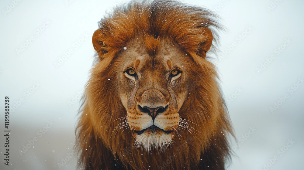 Fototapeta premium A lion with a long mane and a snow-covered background