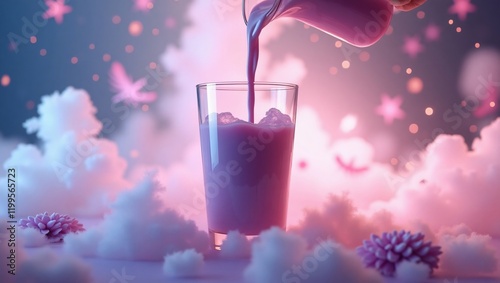 DreamSip: A Serene Pink and Lavender Beverage Poured into a Glass, Surrounded by Swirling Sleep Props in a Dreamy Cinematic Style