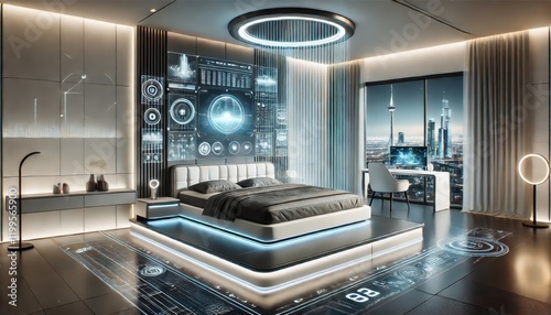 A futuristic bedroom design featuring sleek minimalist furniture with advanced technology. photo