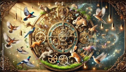 A fantastical clock with animals functioning as its gears showcasing a unique blend of nature and technology.