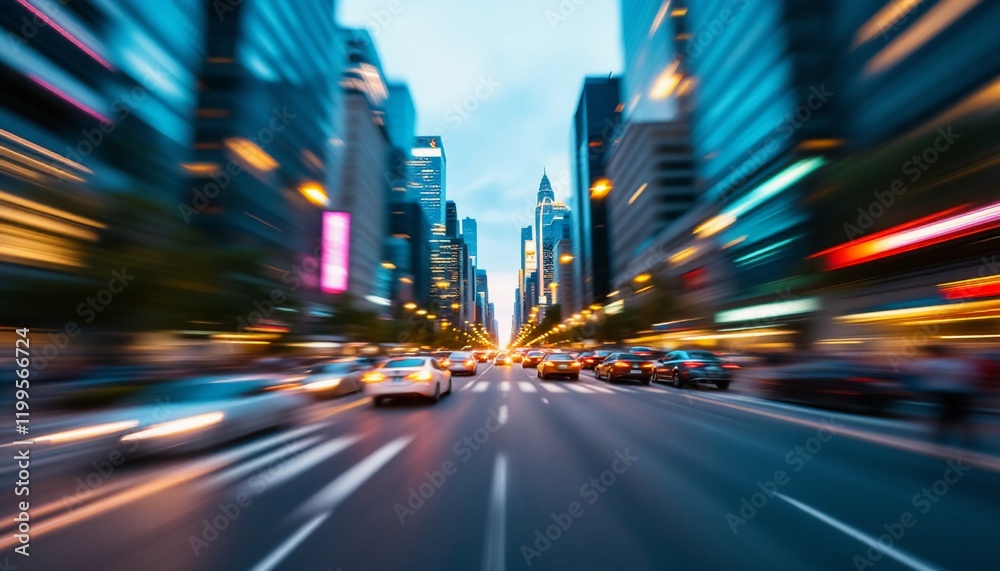 Naklejka premium Busy city street with skyscrapers and motion blur capturing fast traffic