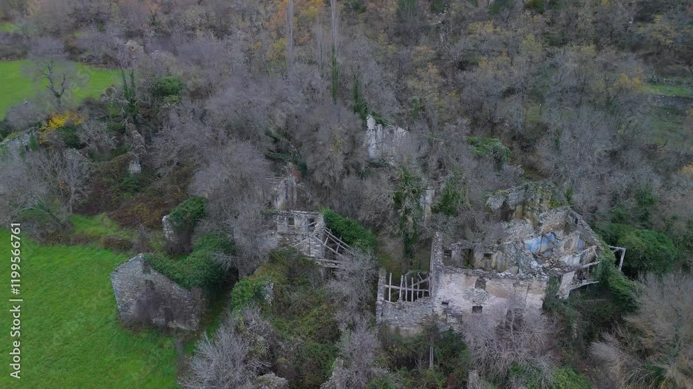 Winter landscape and aerial view from a drone of the abandoned village of Lacort. Sobrarbe region. Huesca. Aragon. Spain. Europe.