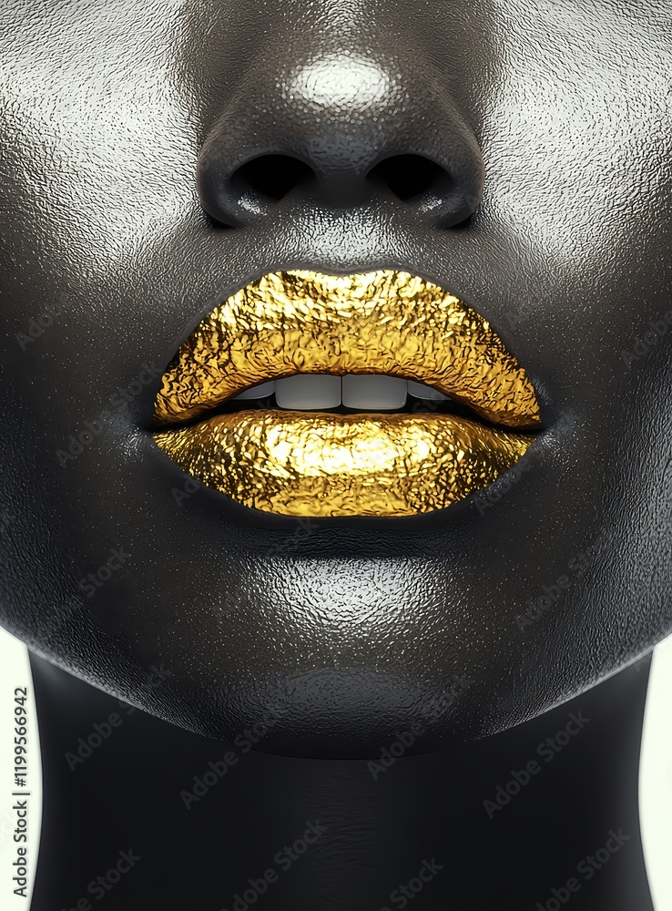 Stunning Close-Up of Artistic Lips with Cracked Gold Metallic Finish on a Glossy Black Surface, Perfect for Fashion and Beauty Themes Stunning Close-Up of Artistic Lips with Cracked Gold Metallic Finish on a Glossy Black Surface, Perfect for Fashion and Beauty Themes