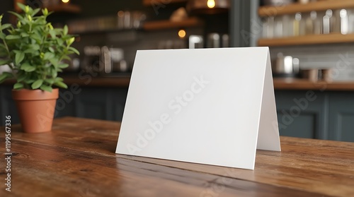 Blank white card stands on a wooden table in a cozy cafe setting, featuring warm lighting, rustic decor, and thematic elements highlighting coffee culture and hospitality. copy space