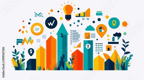Creative vector illustration of career growth towards success, featuring business analysis, flat color icons, and environmental protection symbols.