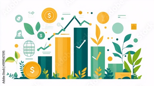 Flat color vector illustration of business growth, career success, and environmental protection, with icons representing analysis and sustainability.
