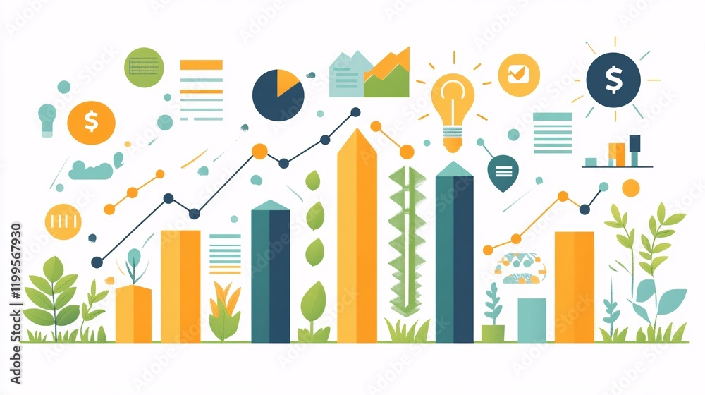 Vector illustration of business graphics showing career growth, success, and environmental protection, with flat color icons and business analysis elements. Vector illustration of business graphics showing career growth, success, and environmental protection, with flat color icons and business analysis elements.