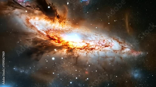 An image of a supermassive black hole at the center of a galaxy, surrounded by stars and cosmic dust, pulling everything into its gravitational pull